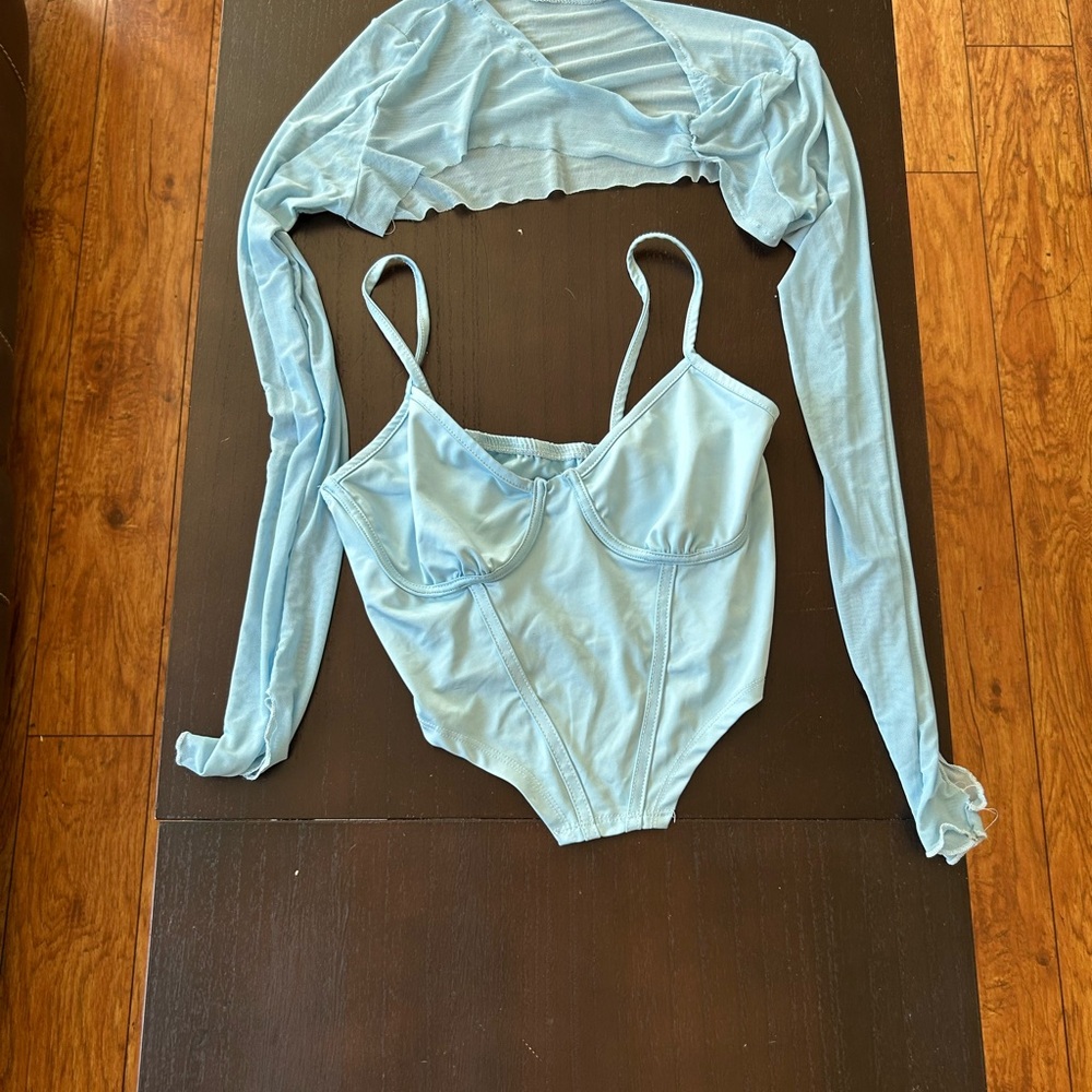 Blue Women's Cropped Tank Top w/ Mesh Asymmetrical Cropped Shawl